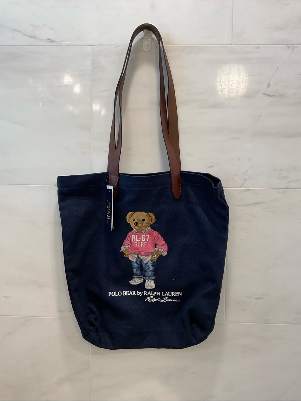 NWT Polo Ralph Lauren Navy RL-67 SURF BEAR Cotton Twill Embroidered Tote Bag